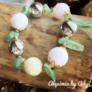 MONUMENTAL + White Pearl Bracelet with green raw quartz Stone and Silver Accents